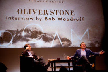 Journalist Bob Woodruff and Oliver Stone. University of Michigan Stamps School of Art and Design Penny Stamps Speaker Series